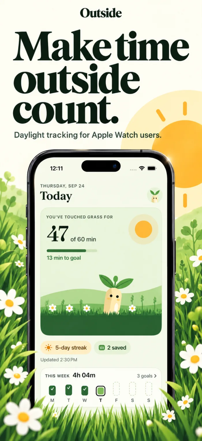 Outside’s Today screen showing 47 of 60 minutes outside, with a sprout character in a meadow