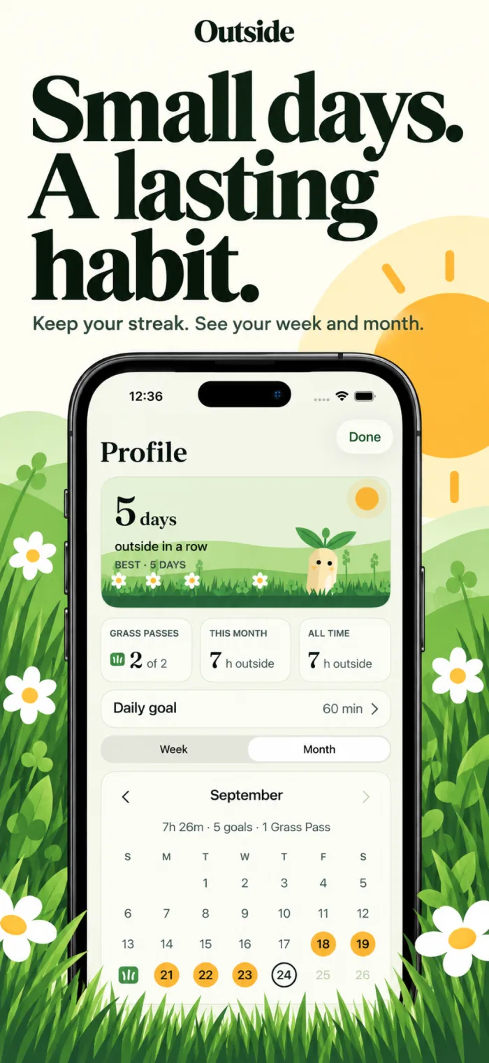 Profile screen with a five-day streak and a monthly calendar