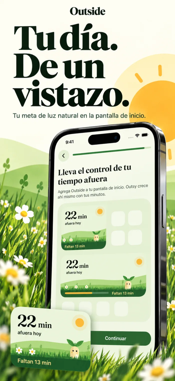 Widgets chico y mediano de Outside en la pantalla de inicio con 22 minutos afuera hoy
