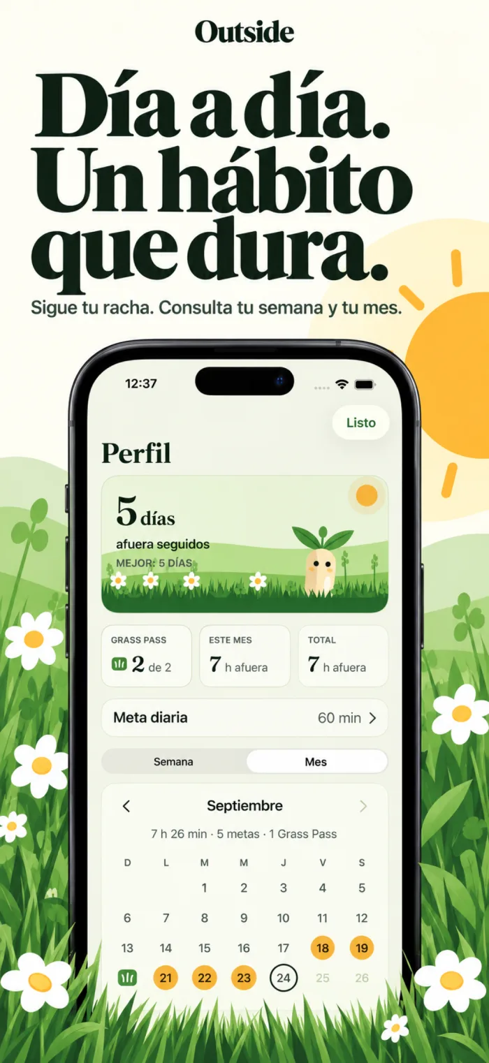 Pantalla de perfil con una racha de cinco días y un calendario mensual